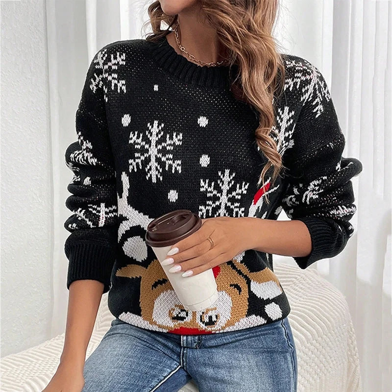 Women's Relaxed Fit Christmas Sweater with Reindeer and Snowflake Design 4