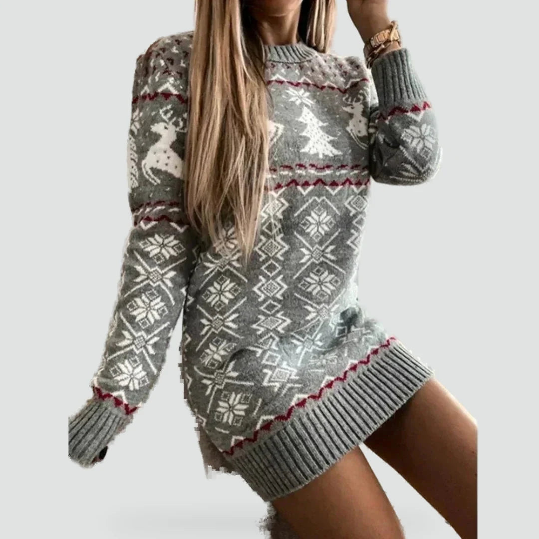 Women's Slim Fit Knitted Mini Dress with Festive Reindeer Print 0