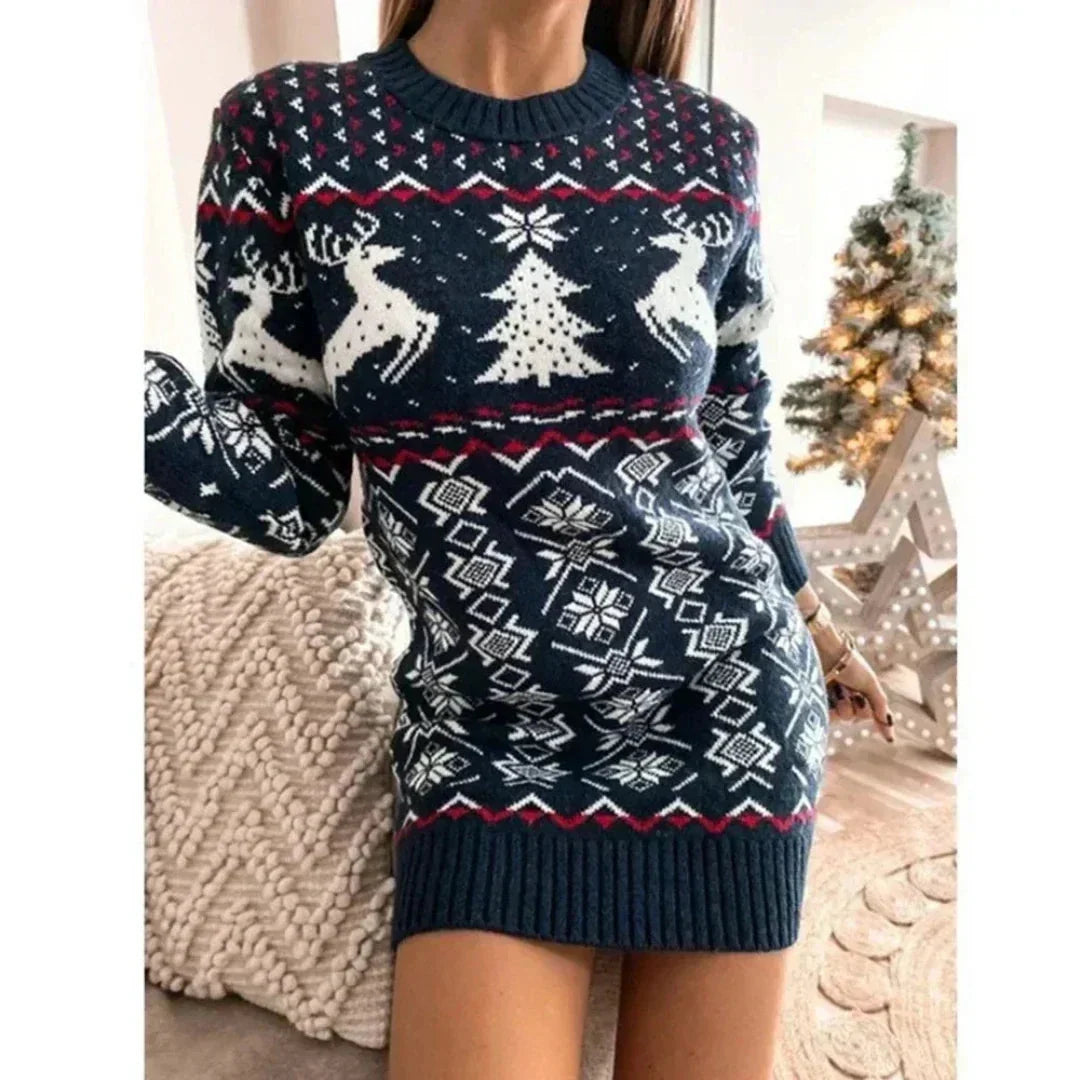 Women's Slim Fit Knitted Mini Dress with Festive Reindeer Print 1