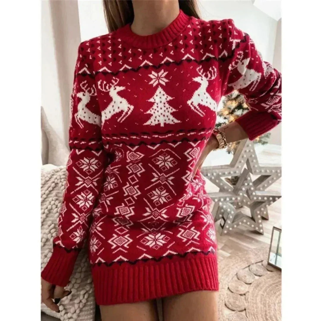 Women's Slim Fit Knitted Mini Dress with Festive Reindeer Print 2