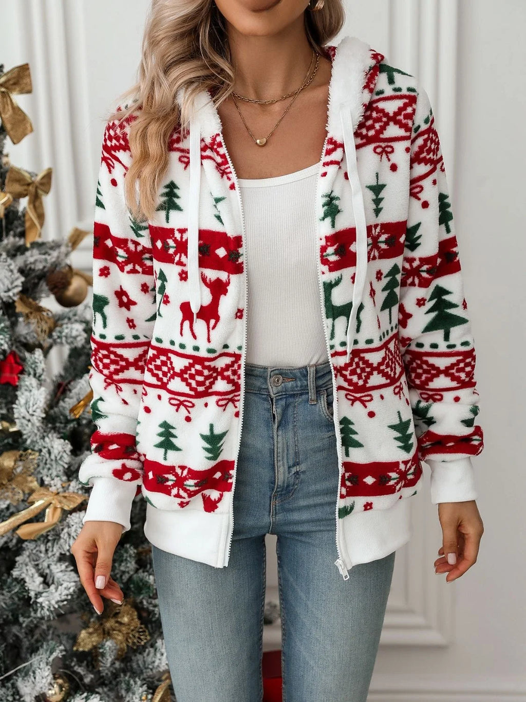 Women's Soft Fleece Christmas Hoodie with Zipper and Pockets 2