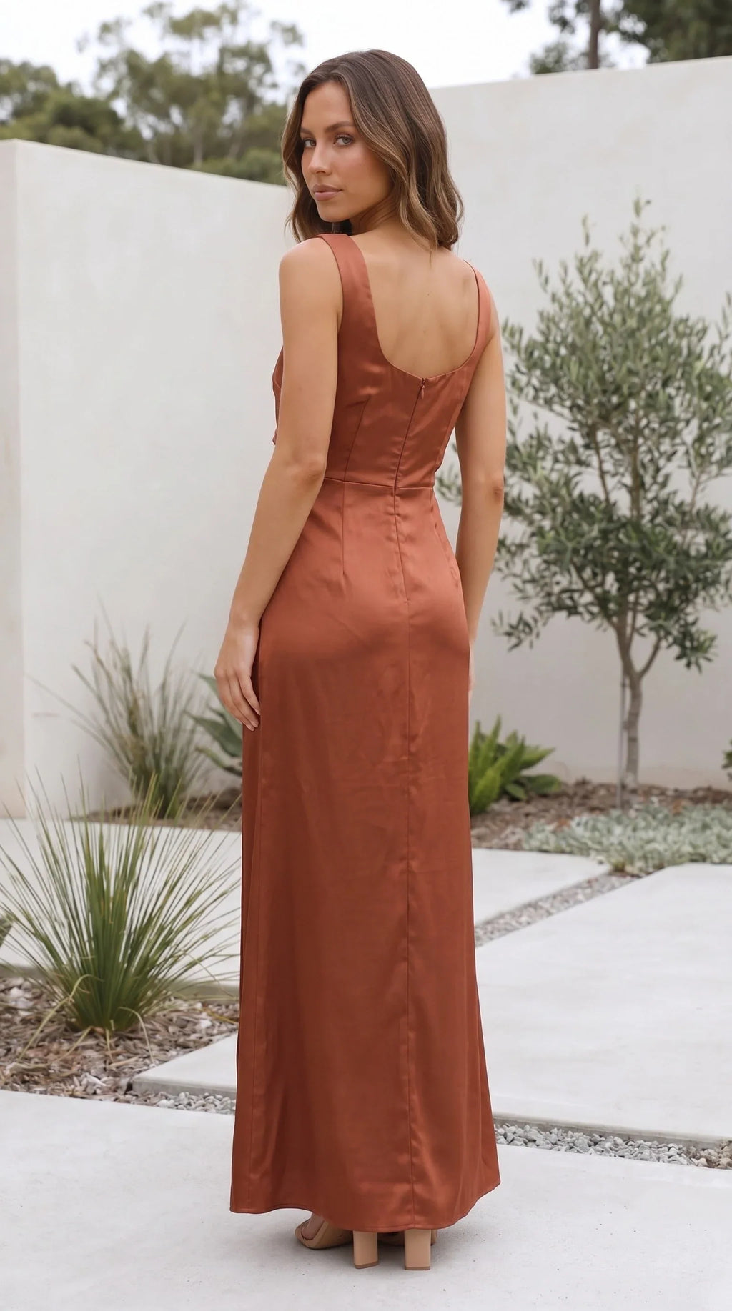 Women's Maxi Dress Square Neck Side Split Satin Evening Dress