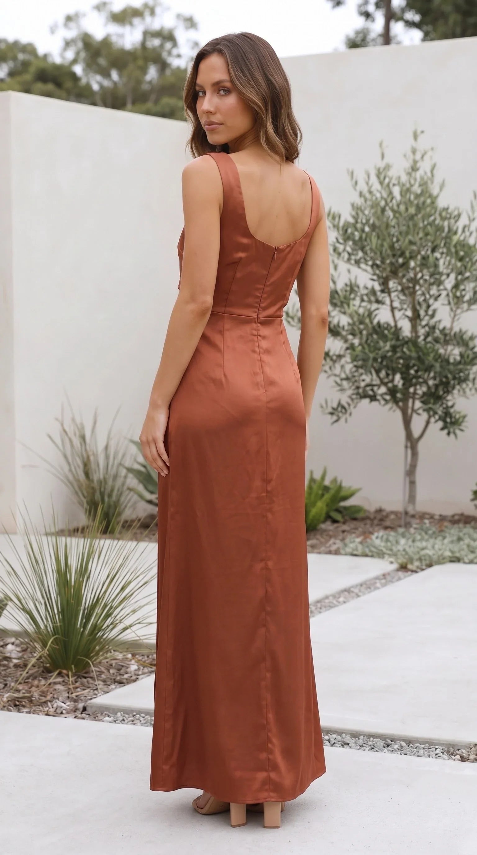 Women's Maxi Dress Square Neck Side Split Satin Evening Dress