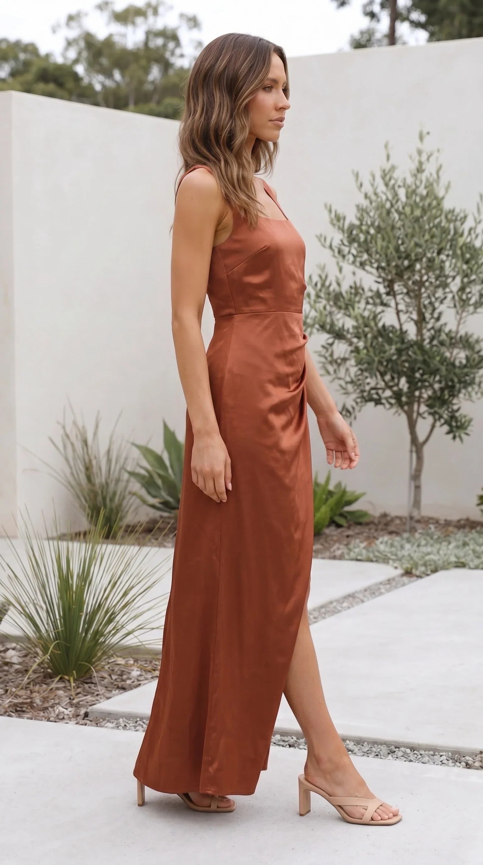 Women's Maxi Dress Square Neck Side Split Satin Evening Dress