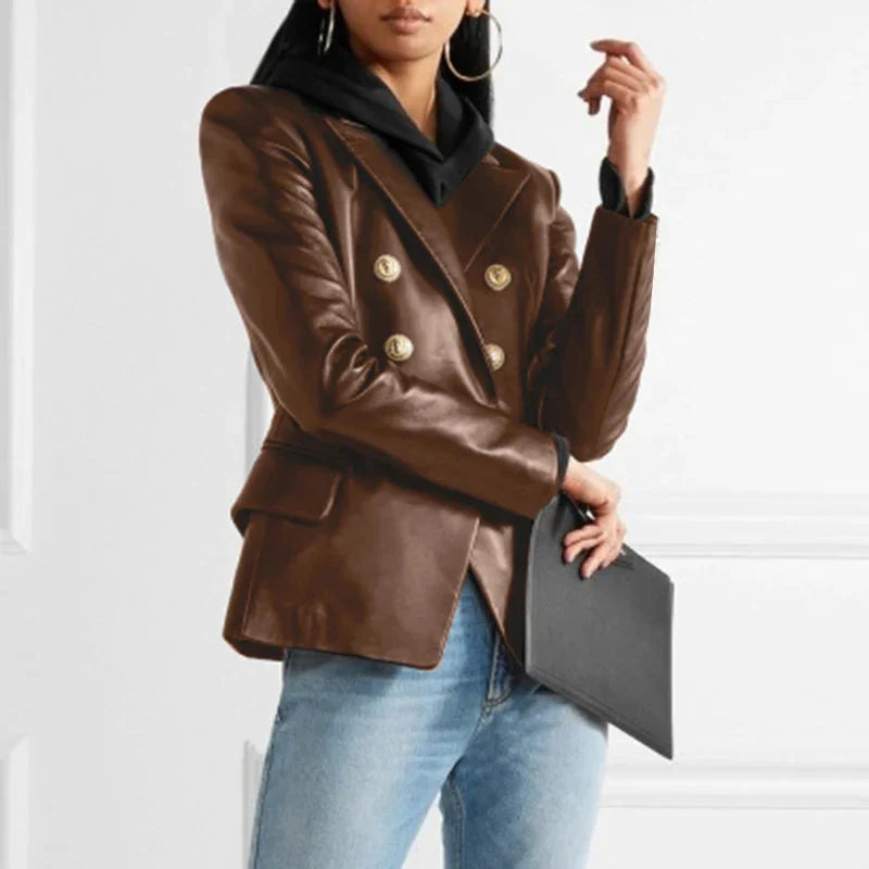 Women's Tailored Leather Blazer with Classic Button Detail 0