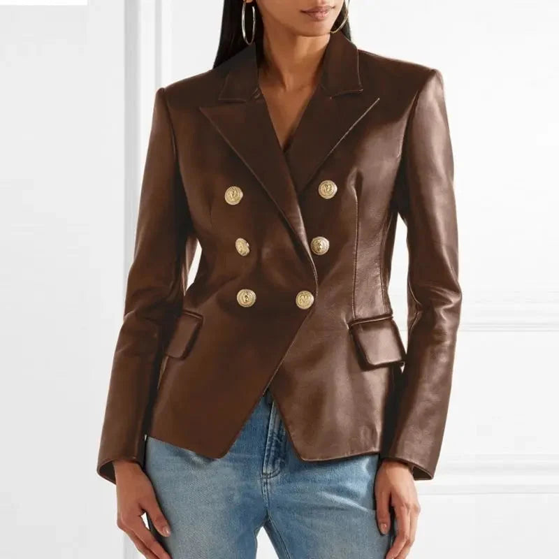 Women's Tailored Leather Blazer with Classic Button Detail 1