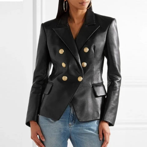 Women's Tailored Leather Blazer with Classic Button Detail 4