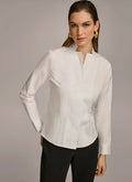 Women's white notch collar button-down shirt featuring a relaxed fit, perfect for casual and professional occasions. 0