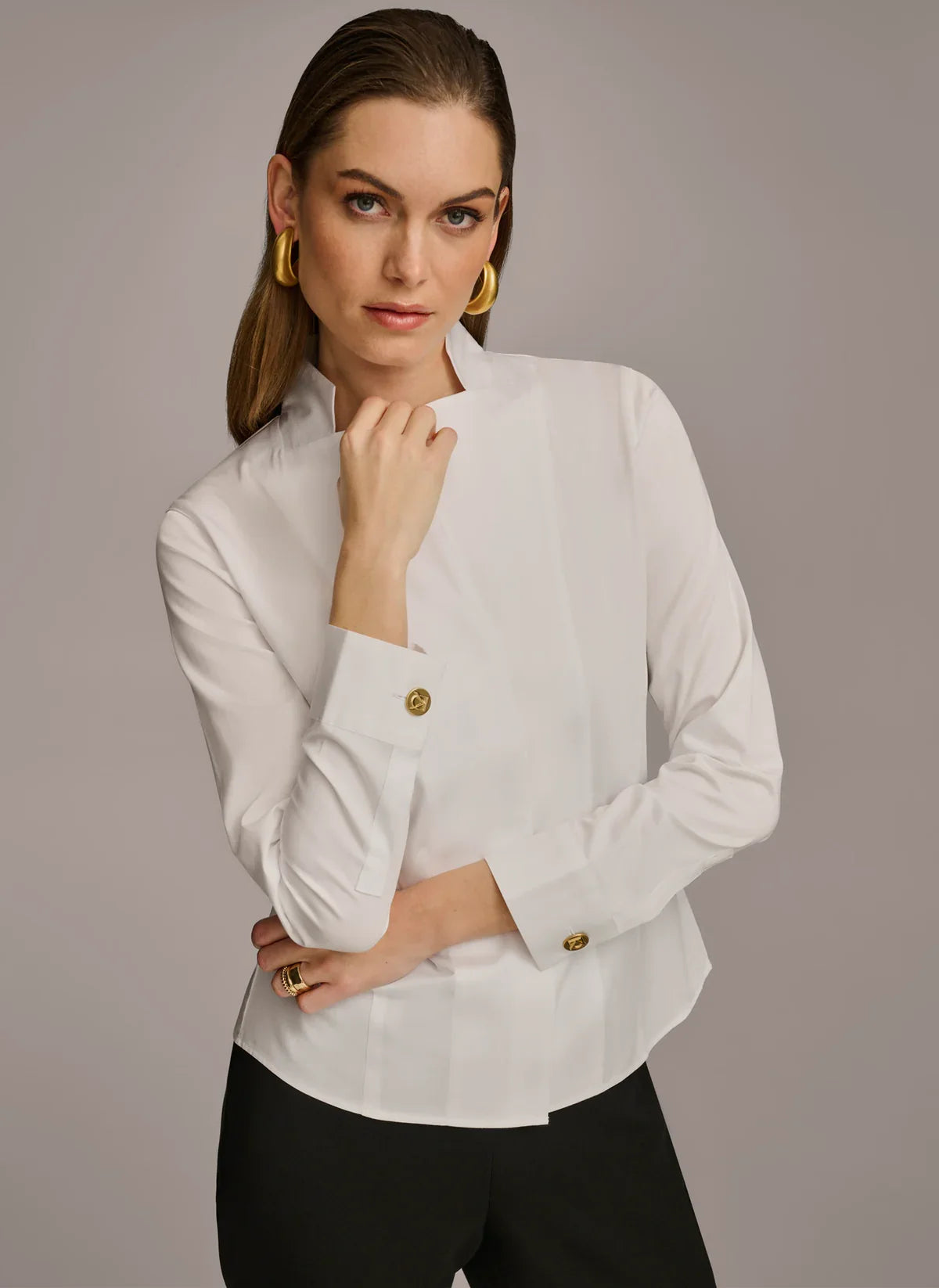 Women's white notch collar button-down shirt featuring a relaxed fit, perfect for casual and professional occasions. 2