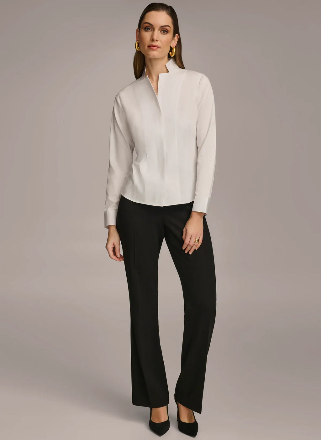 Women's white notch collar button-down shirt featuring a relaxed fit, perfect for casual and professional occasions. 4