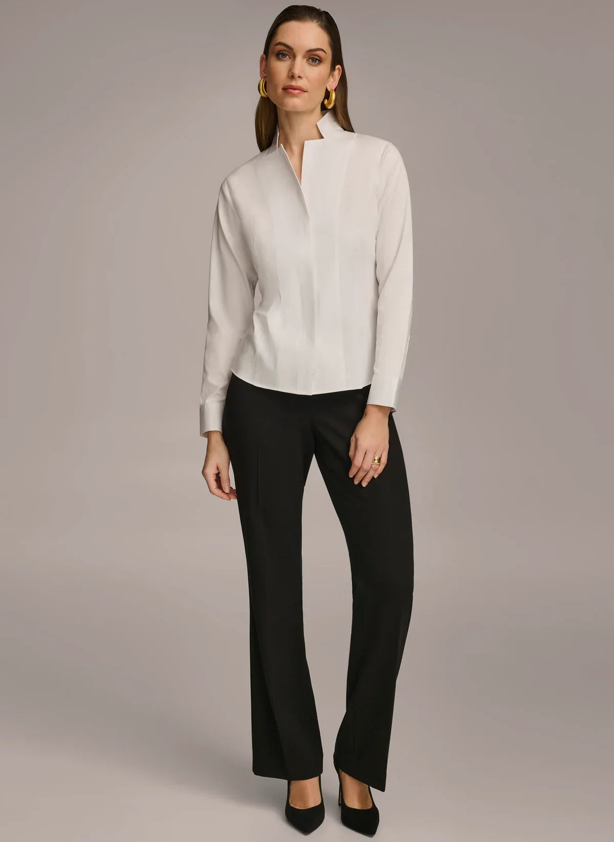 Women's white notch collar button-down shirt featuring a relaxed fit, perfect for casual and professional occasions. 4