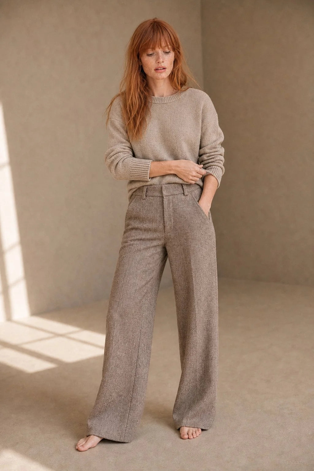 Wool Blend Herringbone Straight-Leg Trousers with High Waist 0