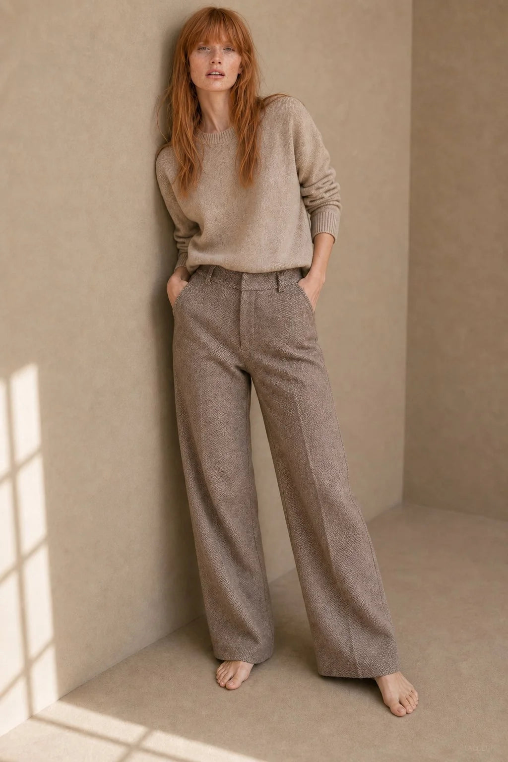 Wool Blend Herringbone Straight-Leg Trousers with High Waist 1