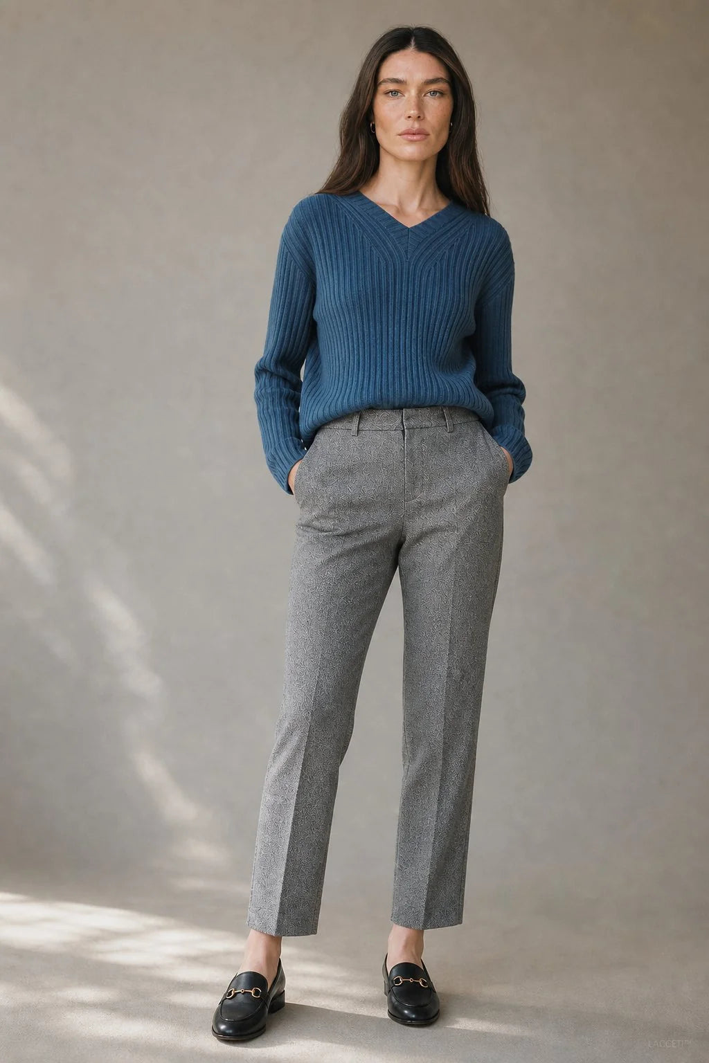 Wool Blend Herringbone Straight-Leg Trousers with High Waist 4