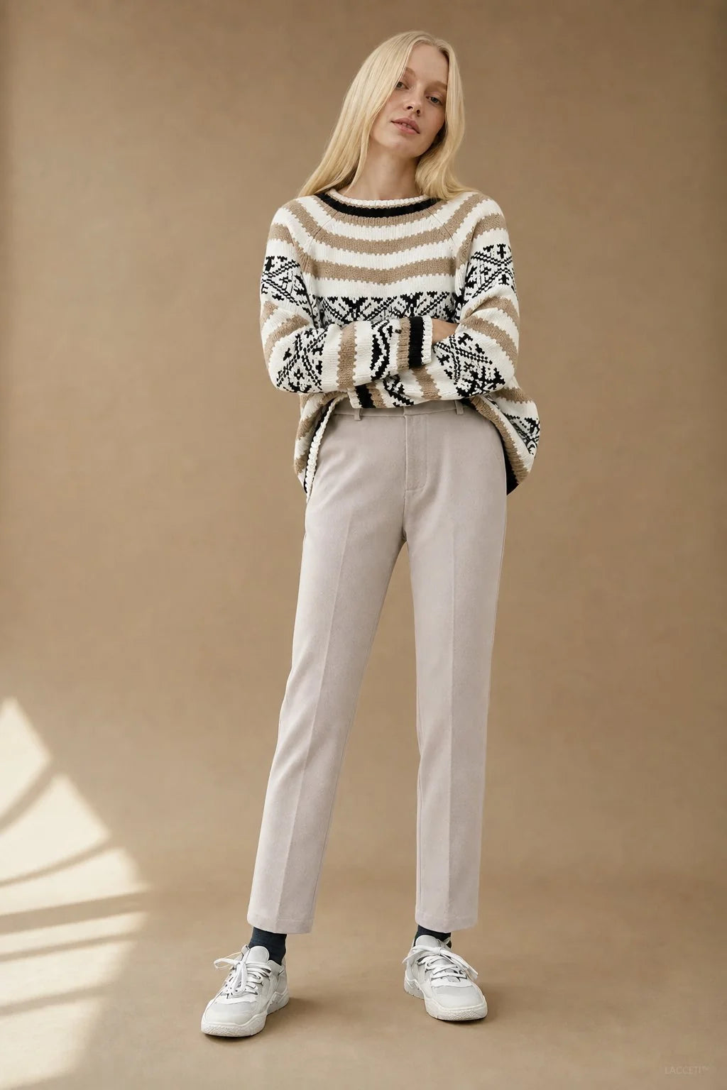 Wool Blend Herringbone Straight-Leg Trousers with High Waist 7