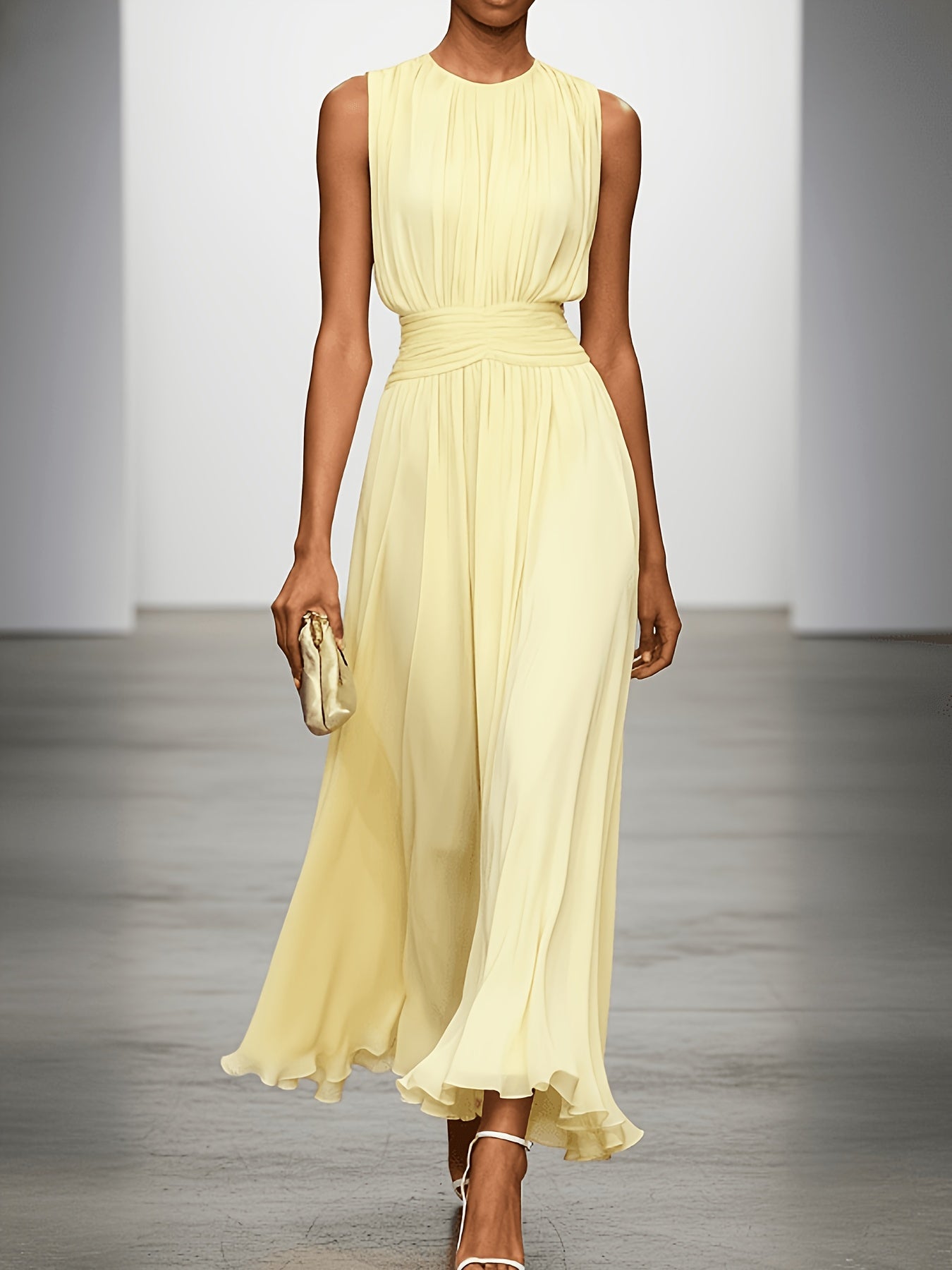 Women's Maxi Dress Pleated Ruched Waist Long Sleeve Wedding Guest