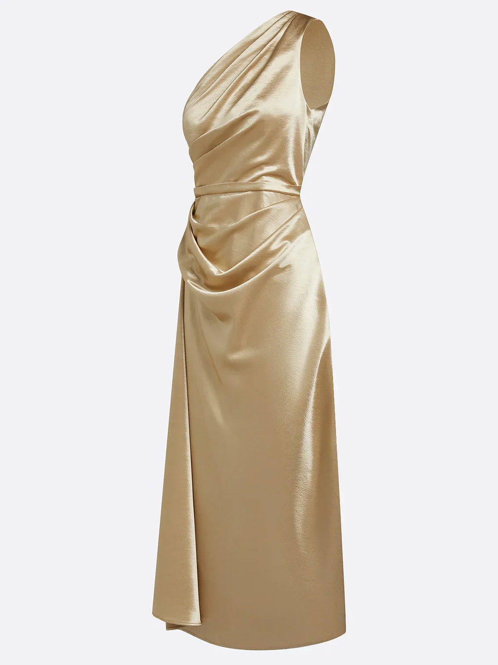 Women's Midi Dress One-Shoulder Ruched Satin Wedding Guest Outfit