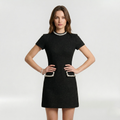 Elegant Women’s Mini Dress with Pearl Trim and Decorative Pockets