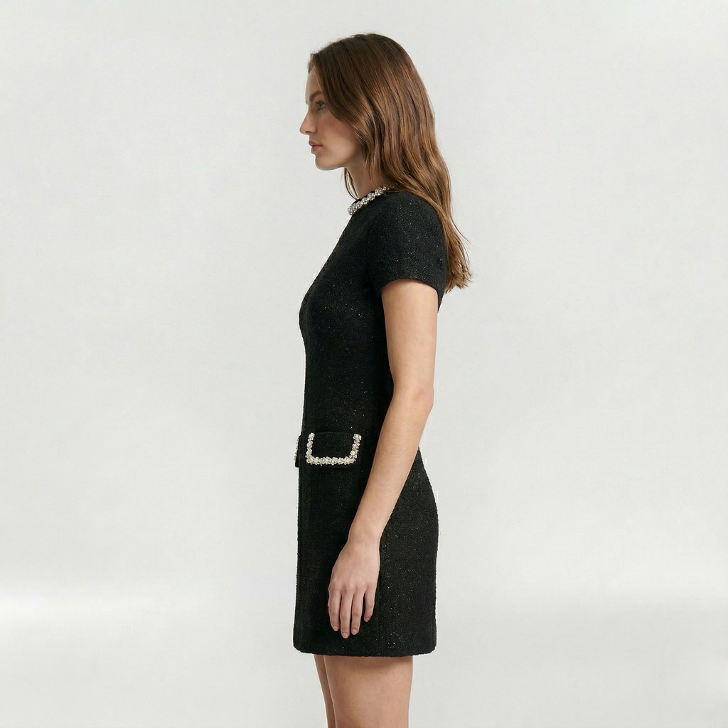 Elegant Women’s Mini Dress with Pearl Trim and Decorative Pockets