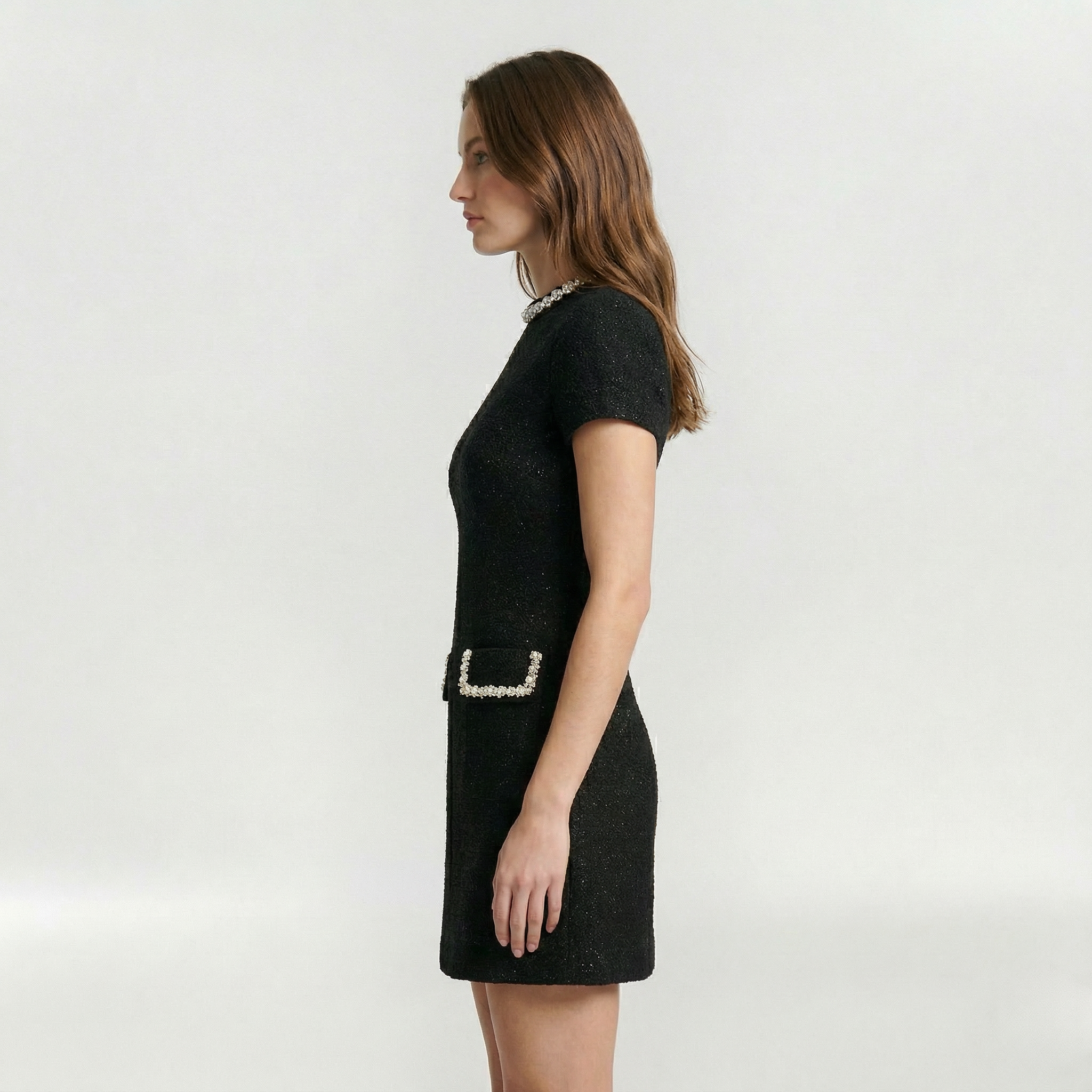 Elegant Women’s Mini Dress with Pearl Trim and Decorative Pockets
