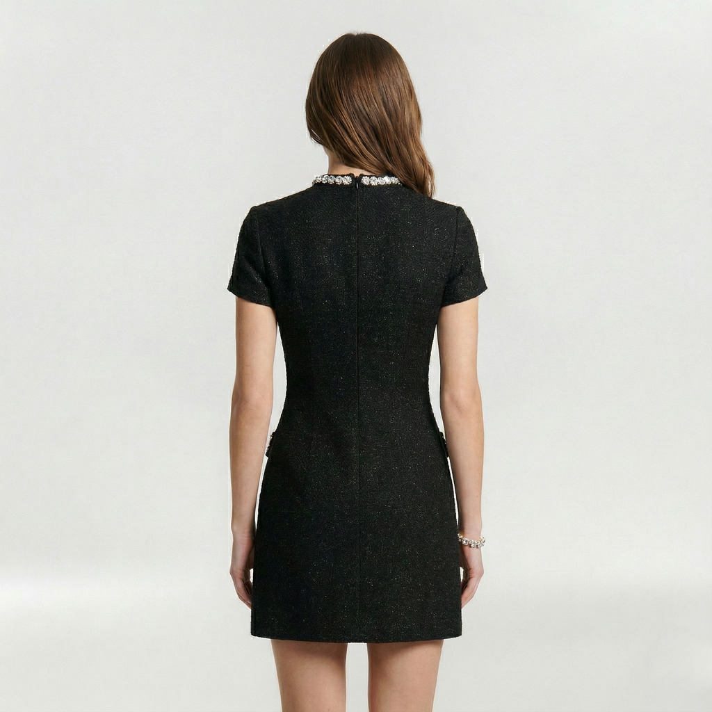 Elegant Women’s Mini Dress with Pearl Trim and Decorative Pockets