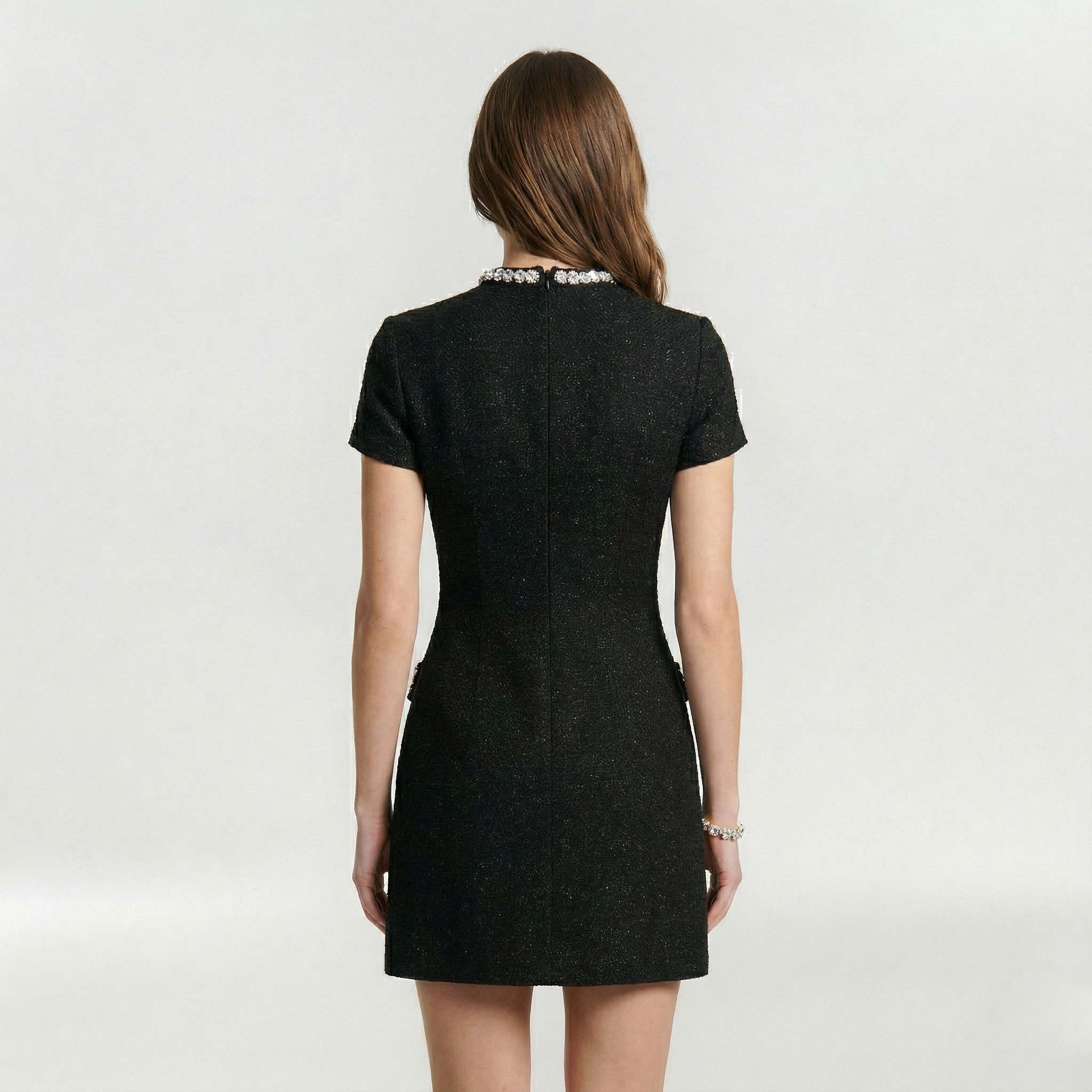 Elegant Women’s Mini Dress with Pearl Trim and Decorative Pockets