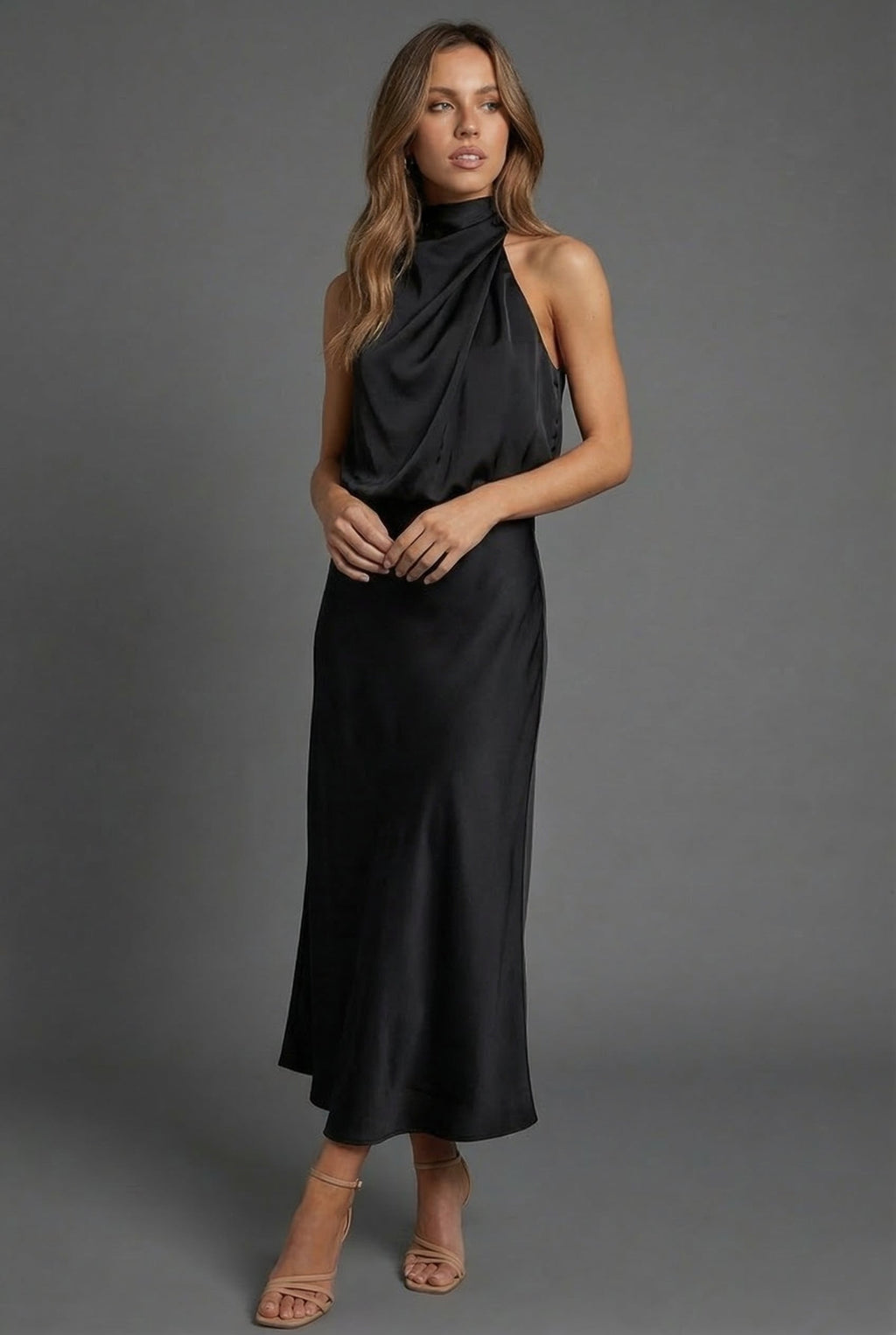 Women's Midi Dress Halterneck Satin Style Wedding Guest