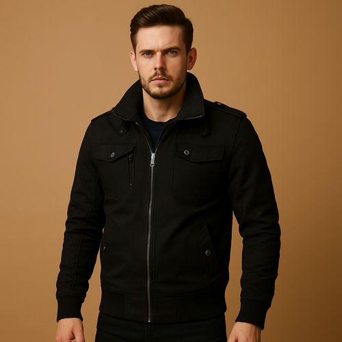 Bomber Jacket with High Collar and Pockets