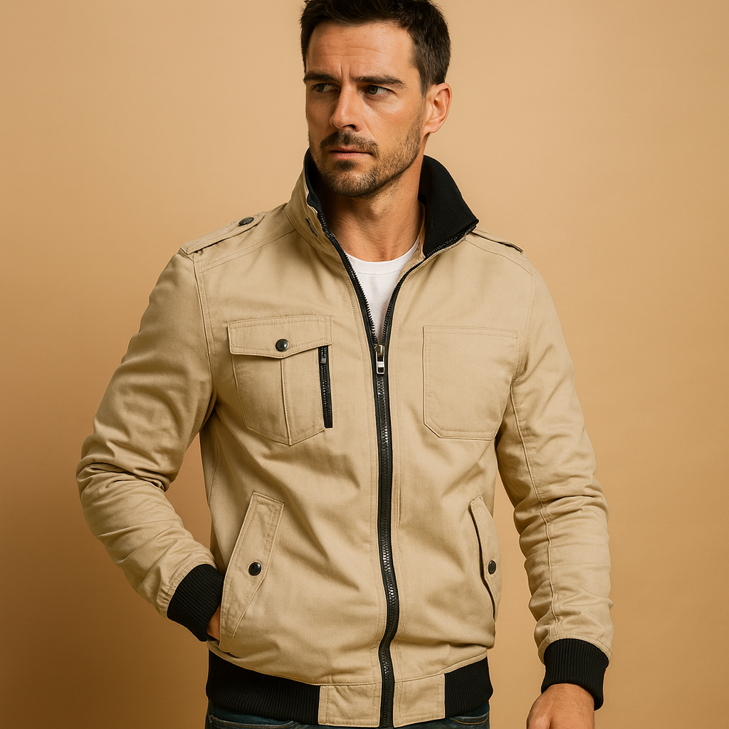 Bomber Jacket with High Collar and Pockets