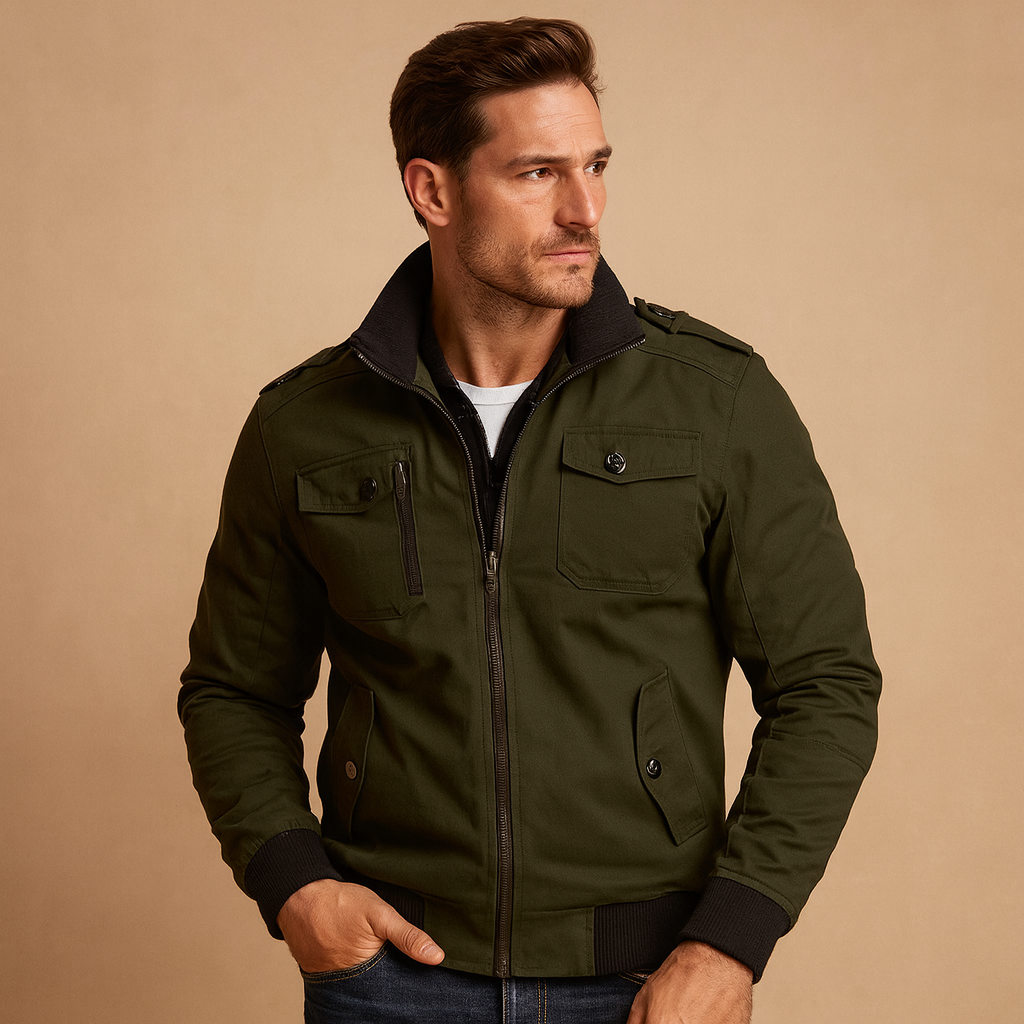 Bomber Jacket with High Collar and Pockets