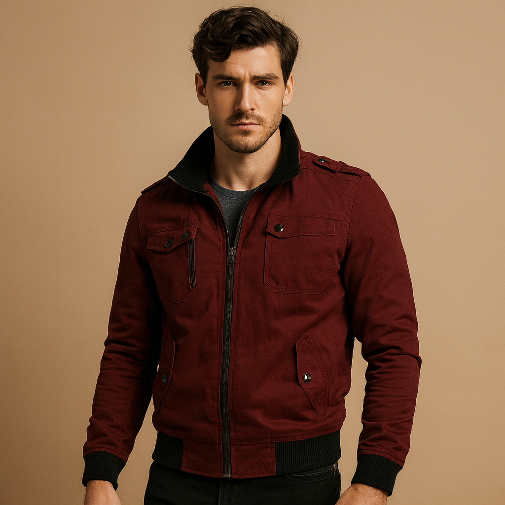 Bomber Jacket with High Collar and Pockets