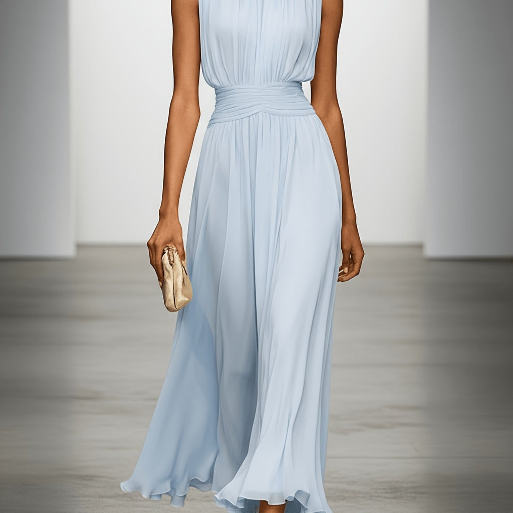 Women's Maxi Dress Pleated Ruched Waist Long Sleeve Wedding Guest