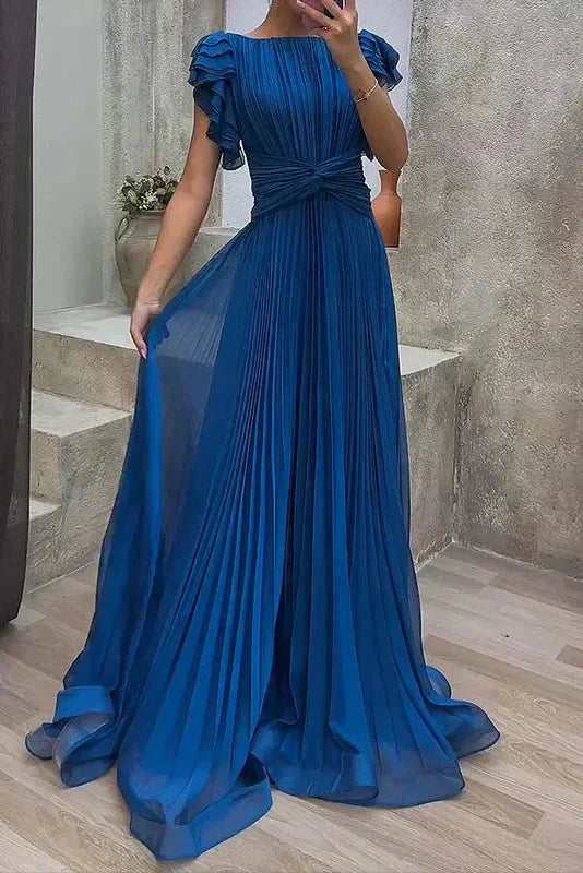 Women's Maxi Dress Pleated Ruffle Sleeve Twist Waist Formal Wedding Guest Gown