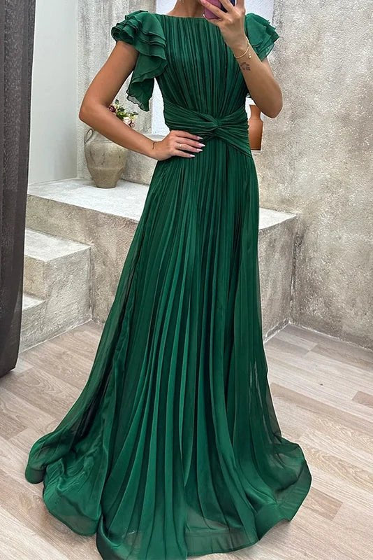 Women's Maxi Dress Pleated Ruffle Sleeve Twist Waist Formal Wedding Guest Gown