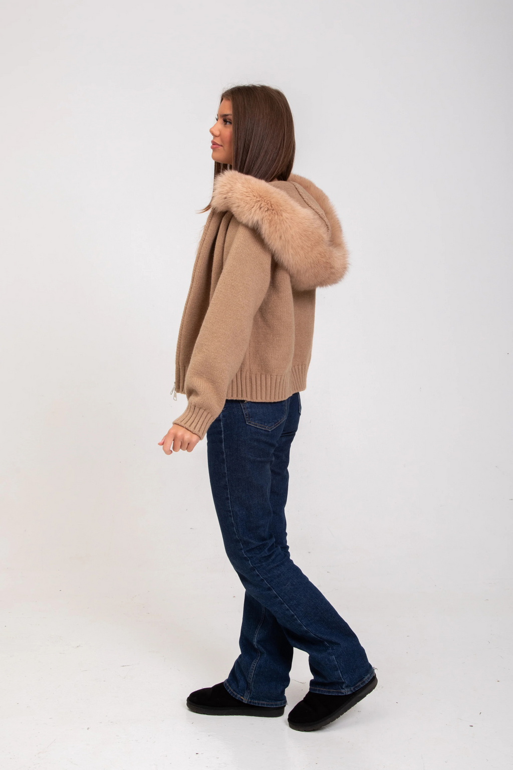 Knitted Coat with Faux Fur Hood