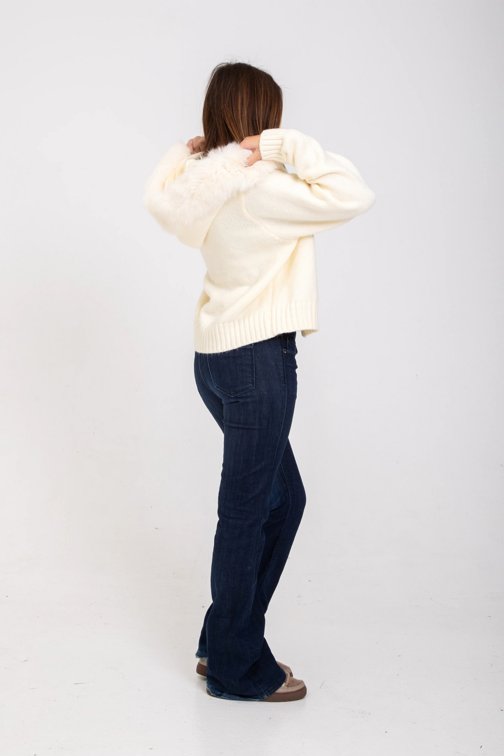 Knitted Coat with Faux Fur Hood
