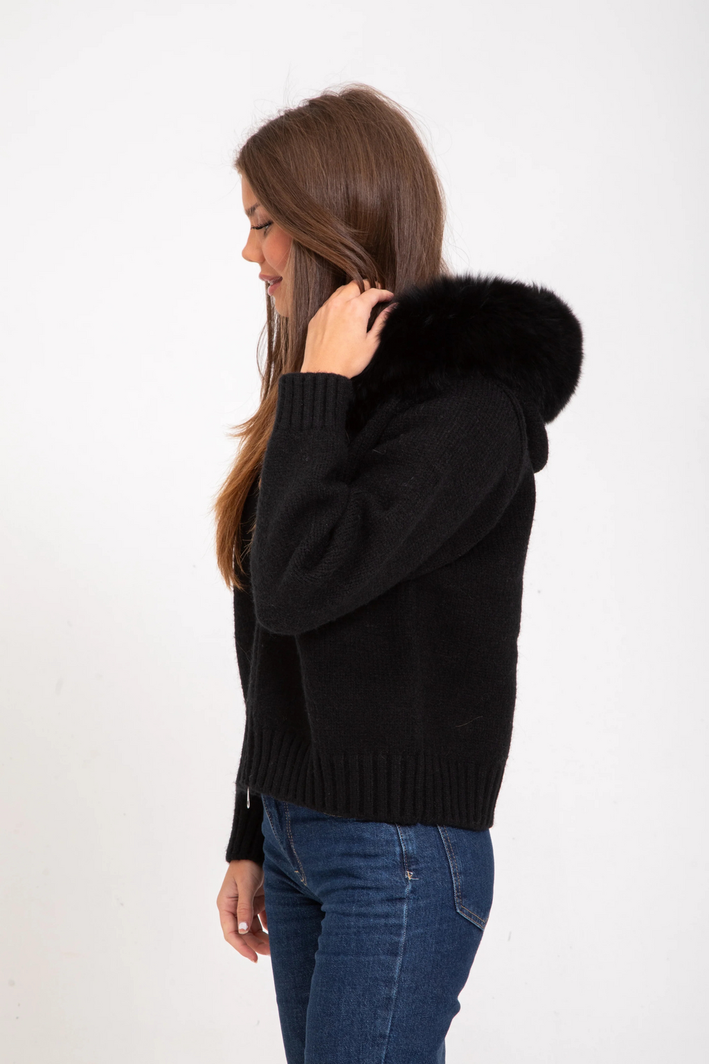 Knitted Coat with Faux Fur Hood