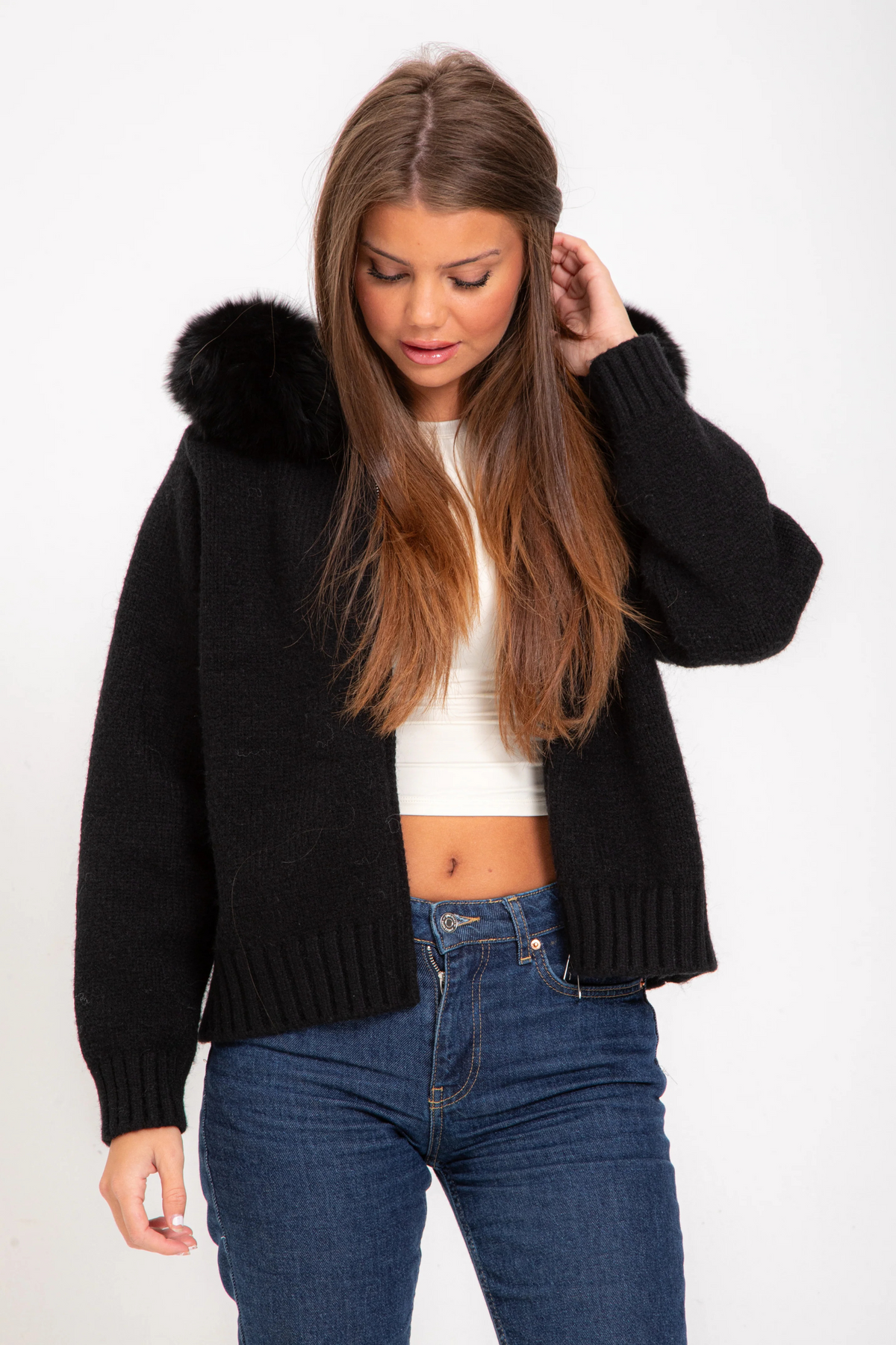 Knitted Coat with Faux Fur Hood