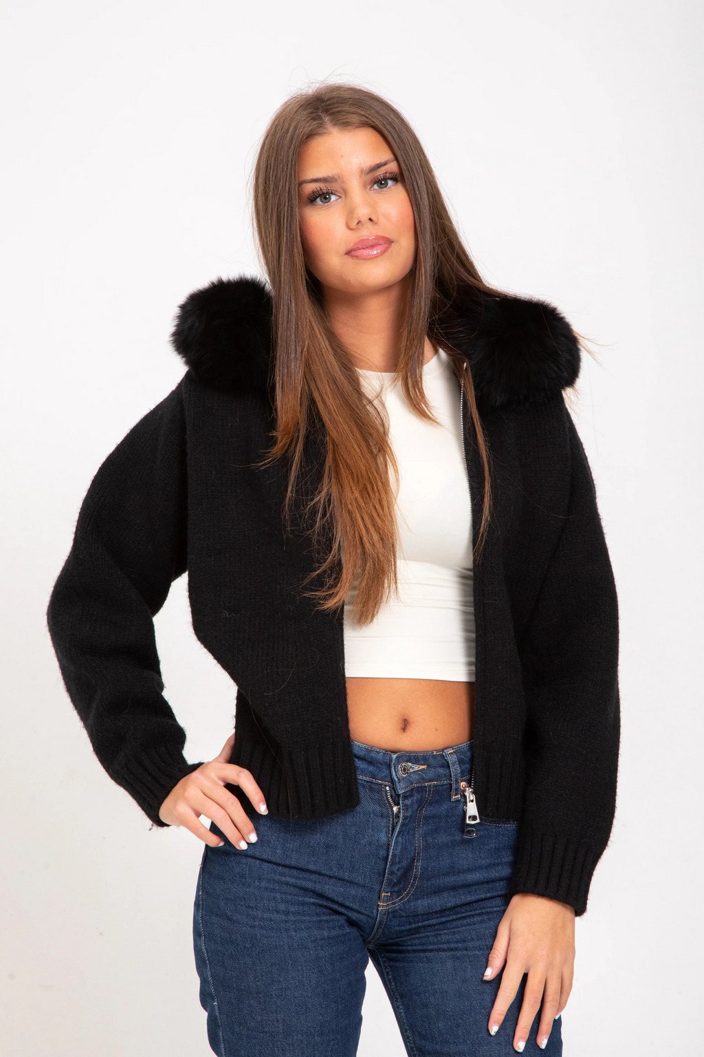 Knitted Coat with Faux Fur Hood
