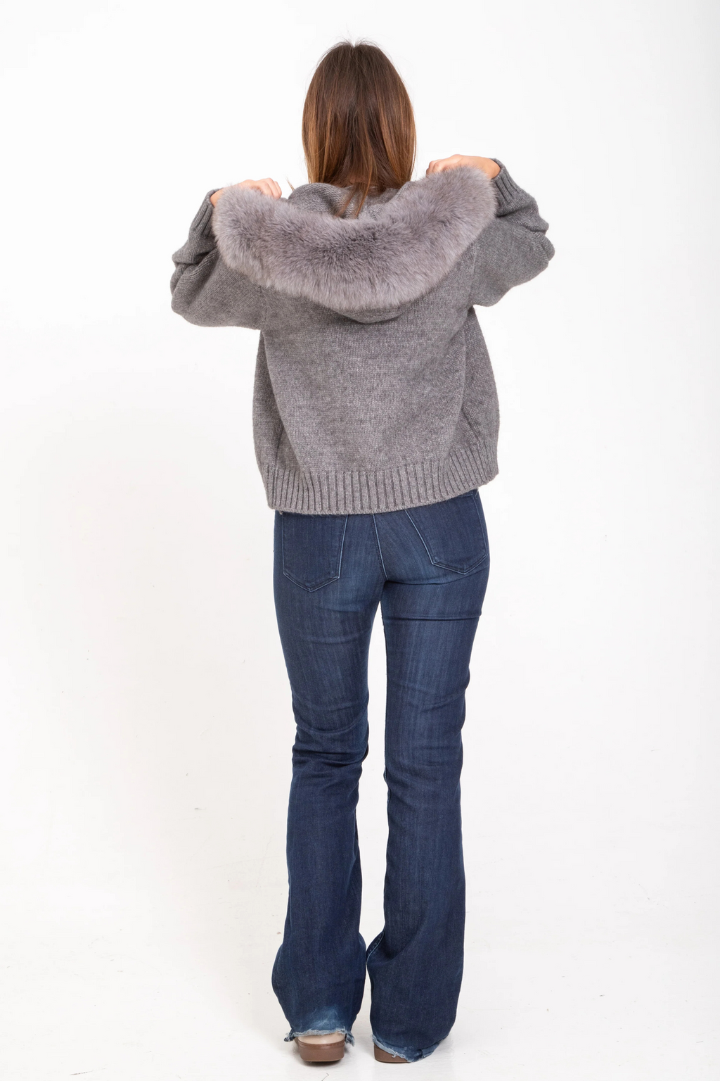 Knitted Coat with Faux Fur Hood