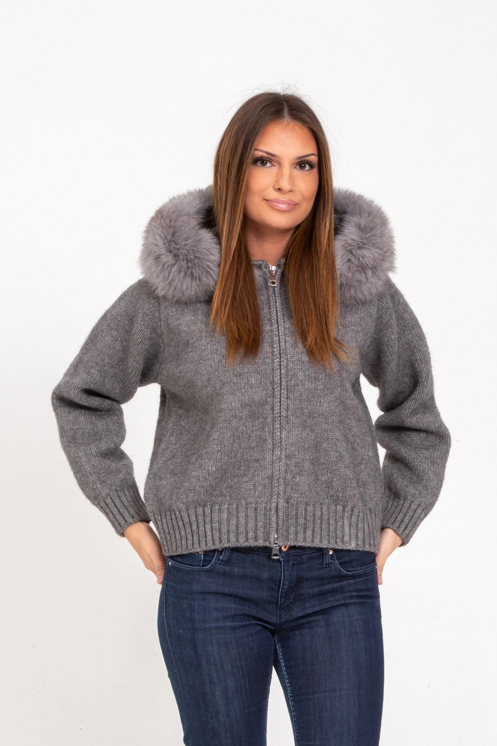 Knitted Coat with Faux Fur Hood
