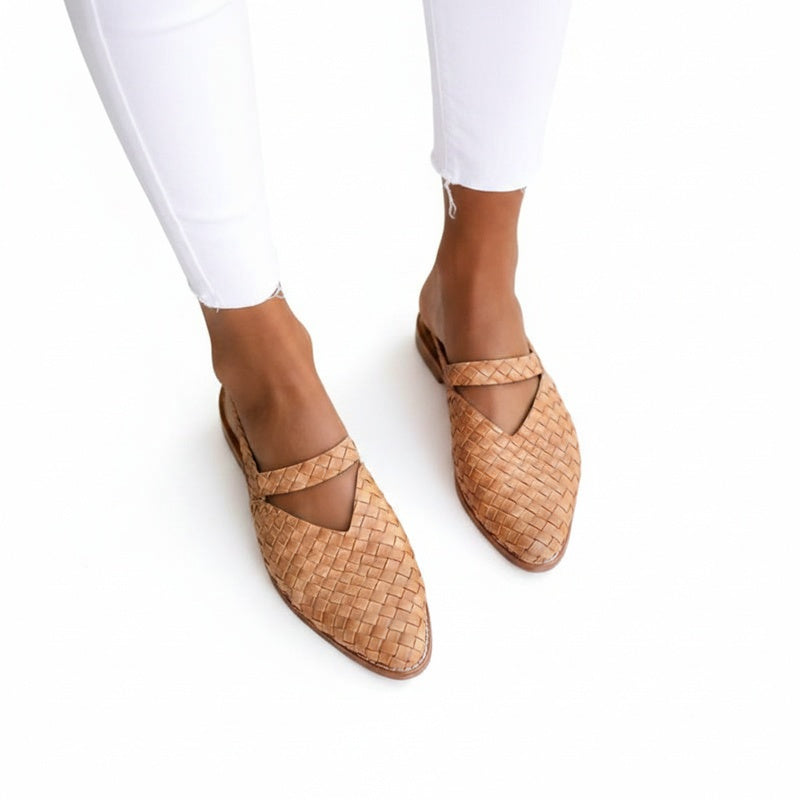 Women's Woven Flats with V-Cut Detail and Cross Strap