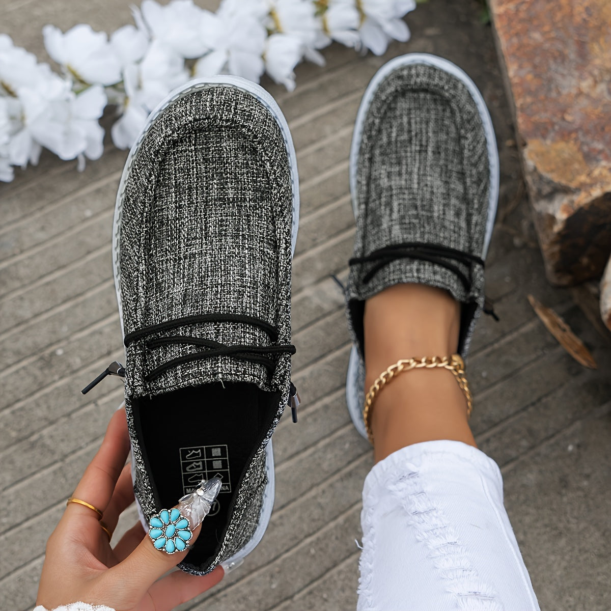 Women's Loafers with Lace-Up Detail and White Sole