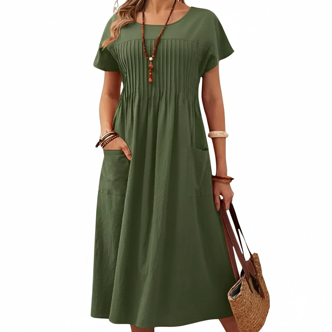 Women’s Short Sleeve Midi Dress with Round Neck and Side Pockets