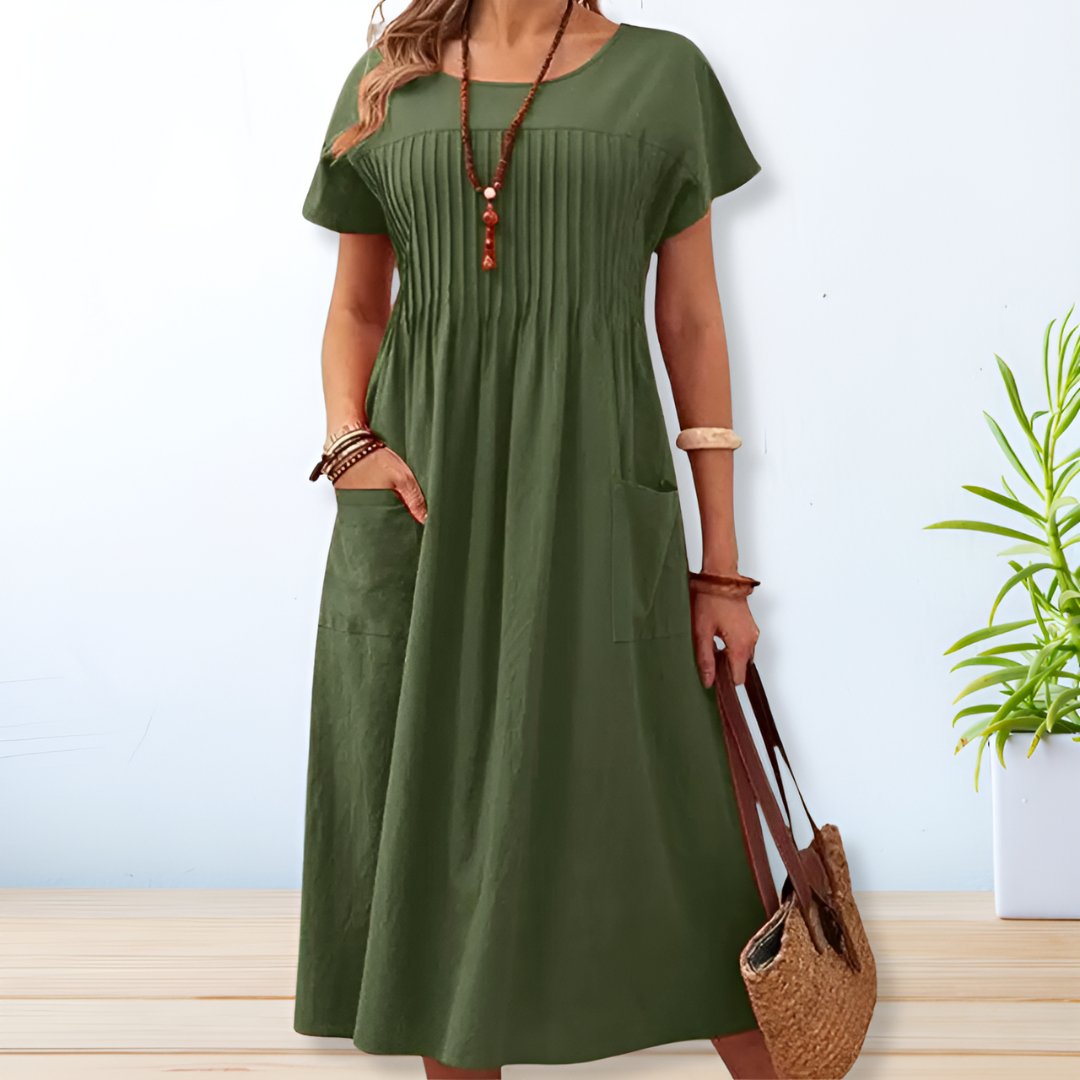 Women’s Short Sleeve Midi Dress with Round Neck and Side Pockets