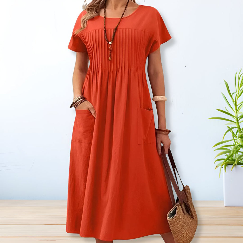 Women’s Short Sleeve Midi Dress with Round Neck and Side Pockets