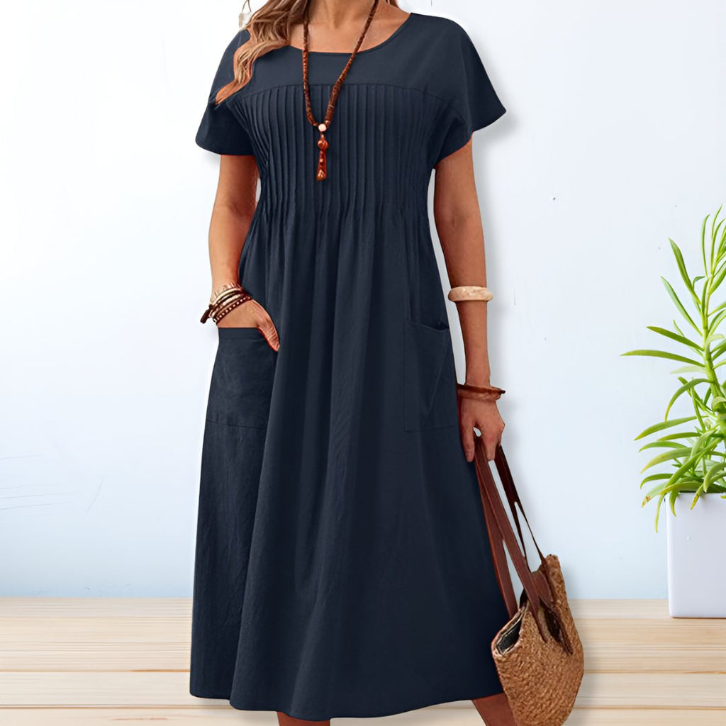 Women’s Short Sleeve Midi Dress with Round Neck and Side Pockets