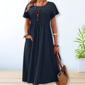 Women’s Short Sleeve Midi Dress with Round Neck and Side Pockets