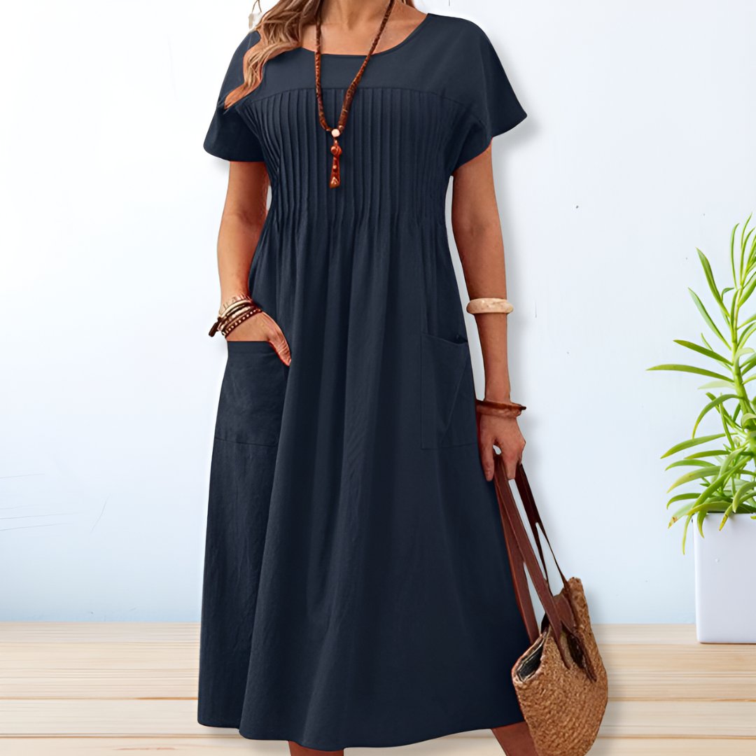 Women’s Short Sleeve Midi Dress with Round Neck and Side Pockets