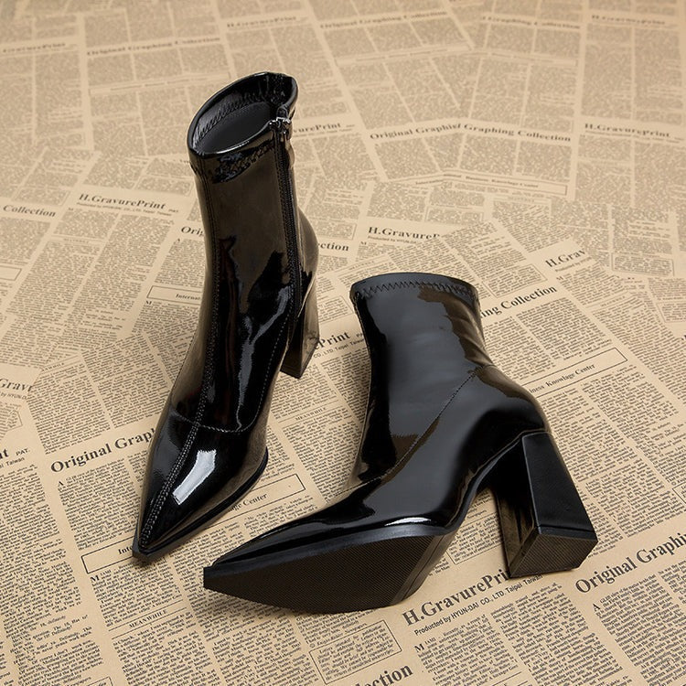 Women's Glossy Faux Leather Ankle Boots with Heel